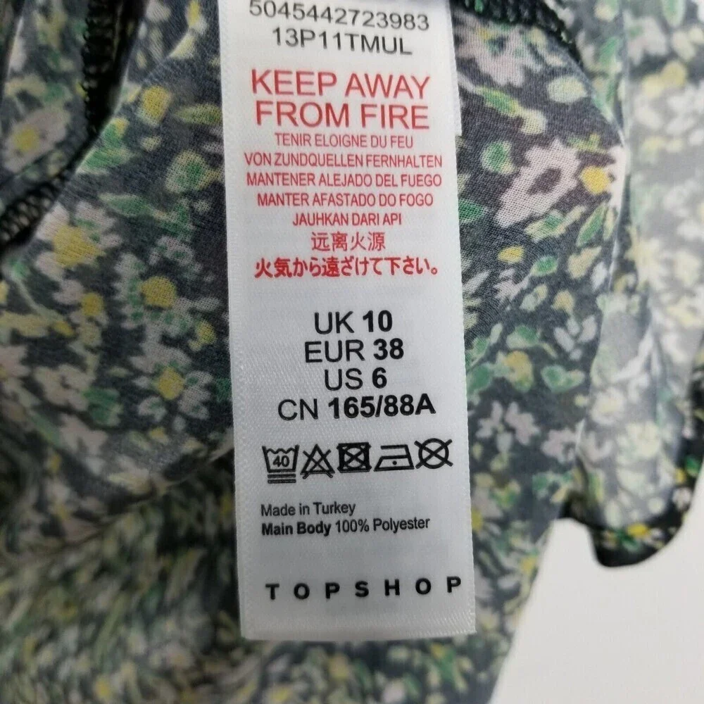 Topshop Women Green Floral Ruffle Long Sleeve Semi Sheer‎ Blouse Top 6